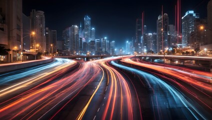 An abstract representation of a city's nightlife, focusing on the luminous trails of traffic on a highway, using a long exposure technique to create motion Generative AI