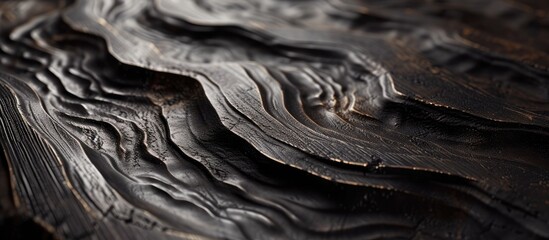 A detailed close-up view of a dark wooden table top, showcasing an intricate pattern and textured surface in high resolution.