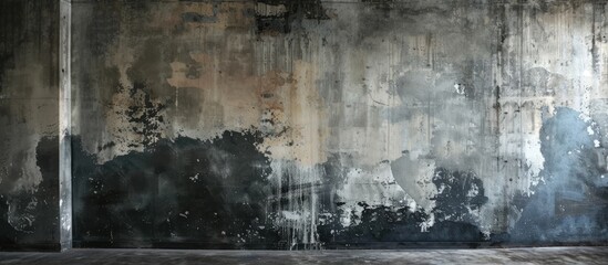 An empty room with a concrete wall covered in peeling paint, showcasing a stark and deteriorating environment. The peeling paint highlights the neglect of the space, creating a sense of decay and - obrazy, fototapety, plakaty