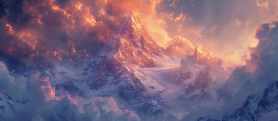 A towering mountain emerges above a snowed-in landscape, enveloped by dramatic clouds swirling around its peak. The scene exudes a sense of power and grandeur.