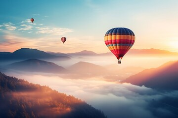Fototapeta premium Colorful hot air balloon flying over the valley at sunrise