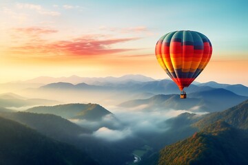 Fototapeta premium Hot air balloon flying over the mountains at sunrise