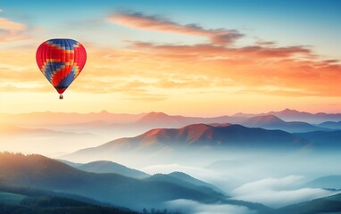 Hot air balloon flying over the mountains at sunrise