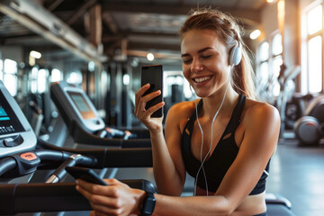 Fototapeta na wymiar Happy athletic woman listens music over earbuds while using cell phone in gym