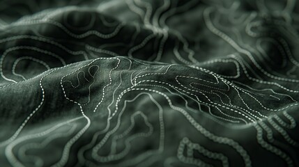 Close up of a stitched pattern in the style of Cartography map contour lines on a green fabric.