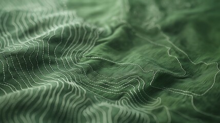 Close up of a stitched pattern in the style of Cartography map contour lines on a green fabric. - obrazy, fototapety, plakaty