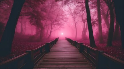 Dark scary empty road at night with thick pink smog on the middle of forest from Generative AI - obrazy, fototapety, plakaty