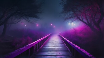 Dark scary empty road at night with thick purple smog on the middle of forest from Generative AI