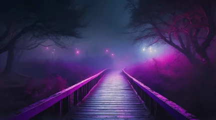 Fotobehang Dark scary empty road at night with thick purple smog on the middle of forest from Generative AI © sevenSkies
