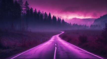 Dark scary empty road at night with thick purple smog on the middle of forest 8 from Generative AI - obrazy, fototapety, plakaty