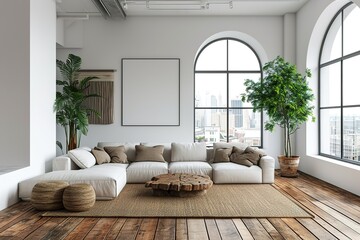 3D rendering minimal style living room with wooden floor ,white wall,big couch,big window,carpet