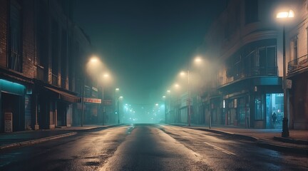 Dark scary empty road at night with thick smog on the middle of forest from Generative AI - obrazy, fototapety, plakaty