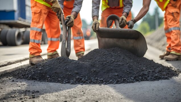 Efficient teamwork in action as road construction workers lay and level hot asphalt gravel for road surface repair Generative AI