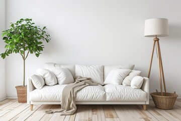 Bright modern living room with white sofa, floor lamp and green plant on wooden laminate. Scandinavian style, cozy interior background. Bright stylish room mockup. 3d render - obrazy, fototapety, plakaty