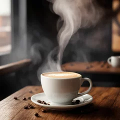 Tuinposter AI generative image of steaming coffee cup on a wooden table surrounded by coffee beans © aminkorea