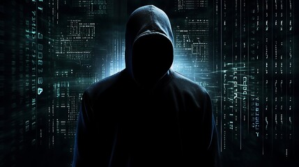 Hacker in front of computer screen with binary code on dark background