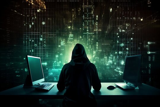 Hacker in dark room against digital background with binary code and numbers