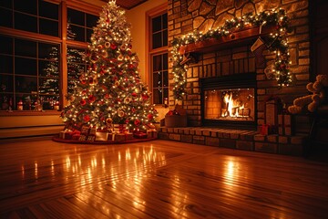 christmas tree in front of fireplace