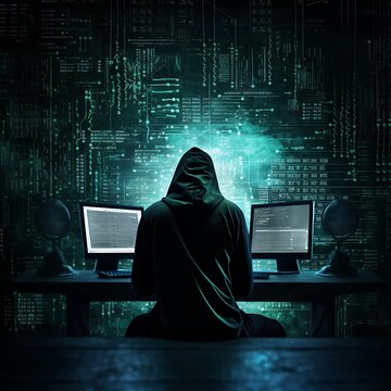 Hacker in front of computer screen with binary code on dark background