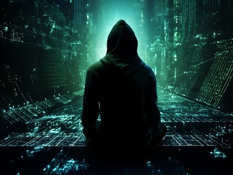 Hacker in front of computer screen with binary code on dark background
