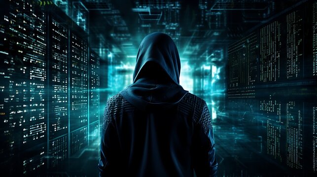 Hacker in dark room against digital background with binary code and numbers