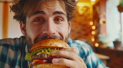 Tracking Slow Motion Portrait of a Man Who is Enjoying a Delicious Hamburger at Home. Colorful Setting For a Happy Male Who Ordered Fast Food Delivery, Approving of the High Quality.