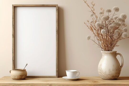 Empty wooden picture frame mockup hanging on beige wall background. Boho-shaped vase, dry flowers on table. Cup of coffee. Working space, home office. Art, poster display. Modern interior, flower