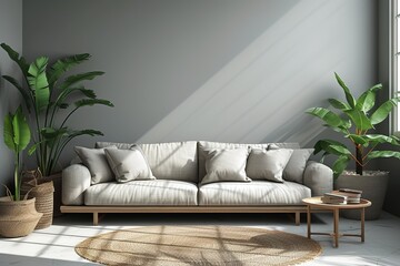 Gray living room, sofa and table