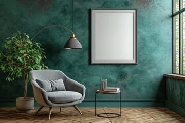 Green living room wall background with grey decorative chair, lamp frame middle table and poster style.