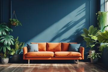 Interior of cozy modern living room with sofa against blank, dark blue wall.