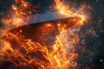 A close-up captures the smiling wizard, his iconic hat perched atop his head, conjuring sorcery as realistic fire sparkles in the air.