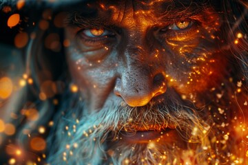A close-up captures the smiling wizard, his iconic hat perched atop his head, conjuring sorcery as realistic fire sparkles in the air.