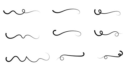 Swashes swoops and swishes calligraphy signs sets. Underlines hand drawn strokes. Brush drawn thick curved smears. Hand drawn collection of curly swishes, swashes, squiggles. Vector symbols sets.