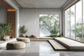 Minimal style living room 3d render.There are concrete floor,white wall.Finished with beige color furniture,The room has large windows. Looking out to see the scenery outside.