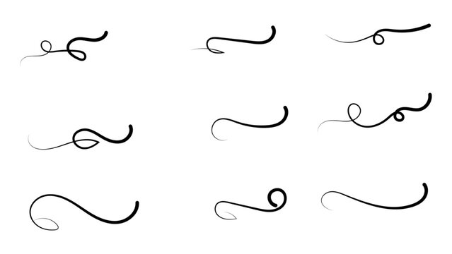 Swashes swoops and swishes calligraphy signs sets. Underlines hand drawn strokes. Brush drawn thick curved smears. Hand drawn collection of curly swishes, swashes, squiggles. Vector symbols sets.