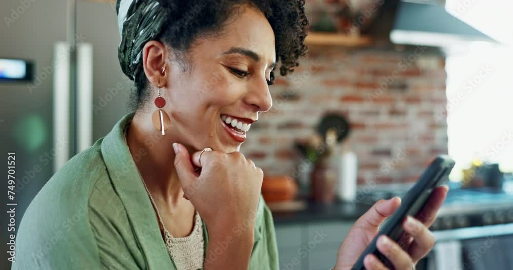Poster woman, excited and phone in home with reading, click and thinking with surprise for good news on web