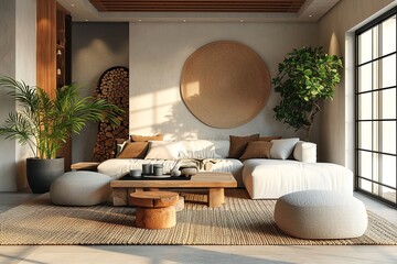 Modern interior japandi style design livingroom. Lighting and sunny scandinavian apartment with plaster and wood. 3d render illustration.