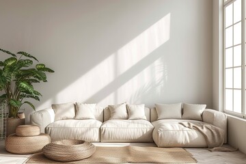 Modern Minimal clean clear contemporary living room home interior design daylight background,beige white sofa couch in living room daylight from window freshness moment mock up interior