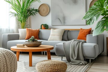 Pouf and wooden table in modern living room with painting above grey corner couch. Real photo