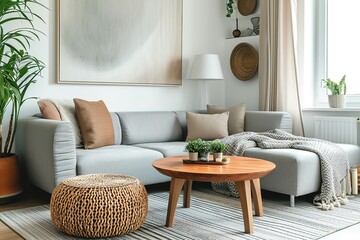 Pouf and wooden table in modern living room with painting above grey corner couch. Real photo