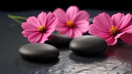 Obraz na płótnie Canvas Photo of Black spa stones and pink cosmos flowers