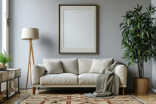 Poster on grey wall in empty living room interior with lamp above plant on cabinet. Real photo. Place for your sofa