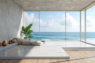 Sea view living room of luxury summer beach house with glass window and wooden floor. Empty rough white concrete wall background in vacation home or holiday villa. Hotel interior 3d illustration.