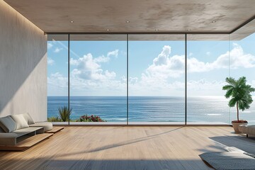 Sea view living room of luxury summer beach house with glass window and wooden floor. Empty rough white concrete wall background in vacation home or holiday villa. Hotel interior 3d illustration.