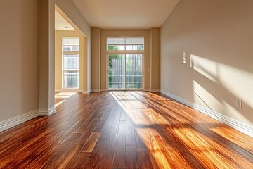 Spacious empty living room with wooden flooring