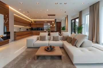 Spacious living room and kitchen in contemporary interior