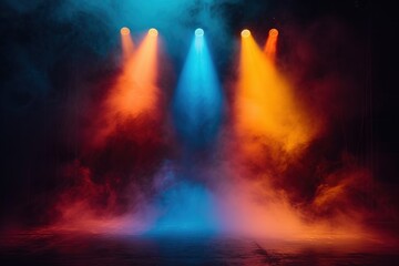 Stage light with colored spotlights and smoke. Concert and theatre dark scene AI