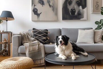 Stylish and scandinavian living room interior of modern apartment with gray sofa, design wooden commode, black table, lamp, abstrac paintings on the wall. Beautiful dog lying on the couch. Home decor.