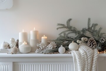 Stylish Christmas scandinavian minimalistic interior with white decor.
