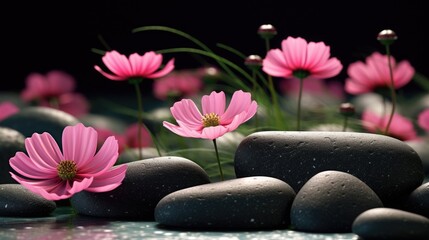 Obraz na płótnie Canvas Photo of Black spa stones and pink cosmos flowers